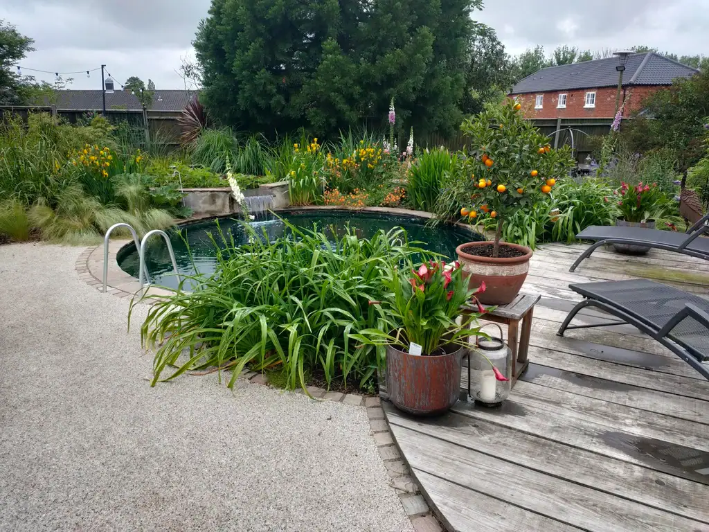 Landscaped garden with pond, decking and loungers