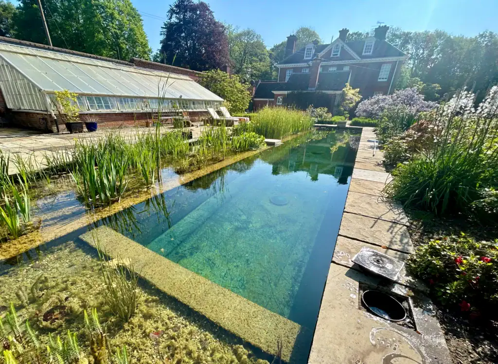 Natural swimming pond beside brick house and greenhouse