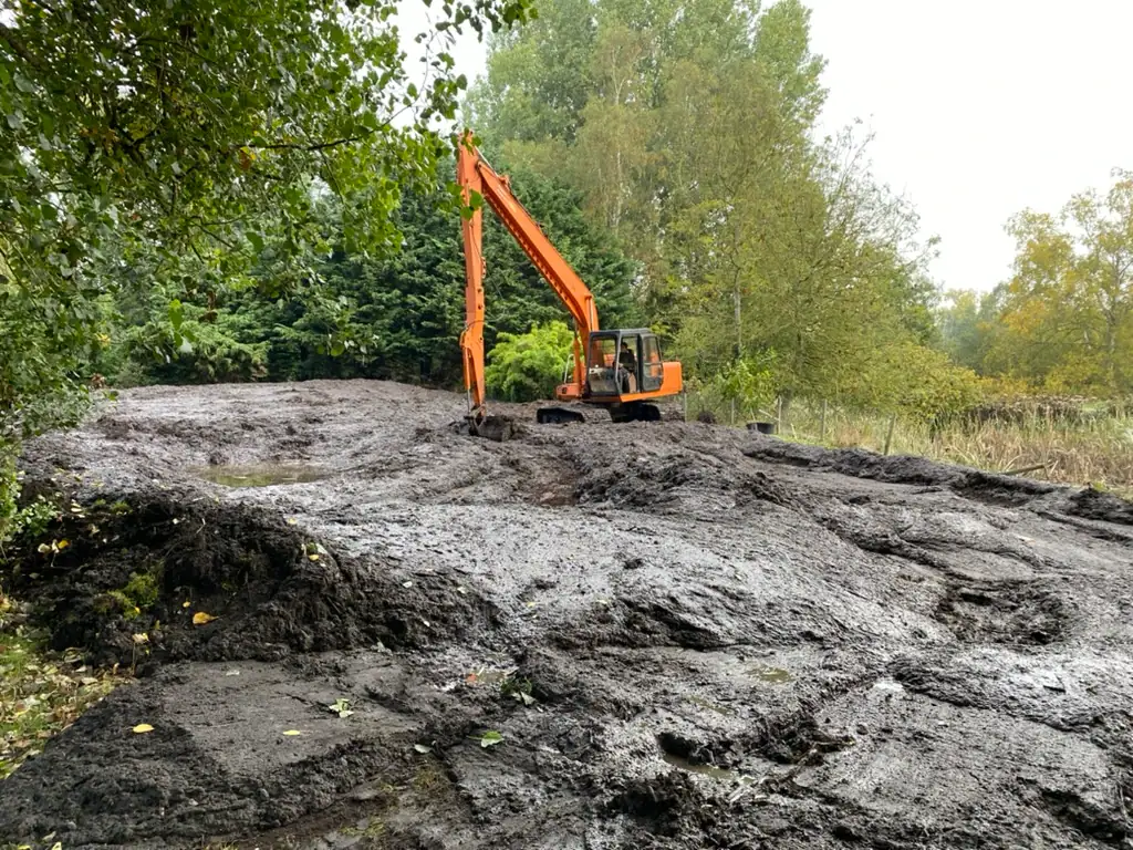 Orange excavator digging in muddy clearing