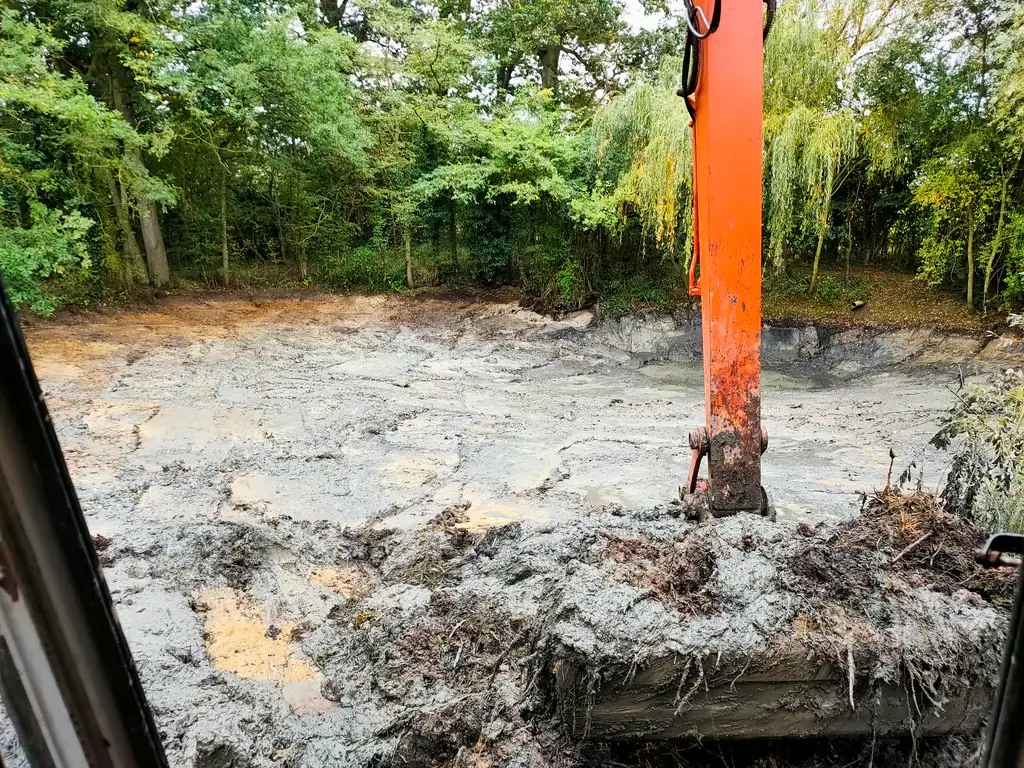 Excavator arm clearing muddy pond in woodland