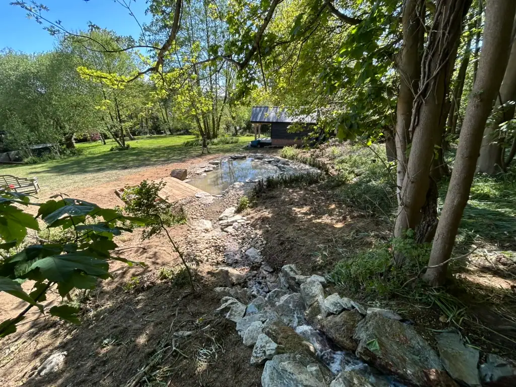 Garden pond with wooden cabin and trees